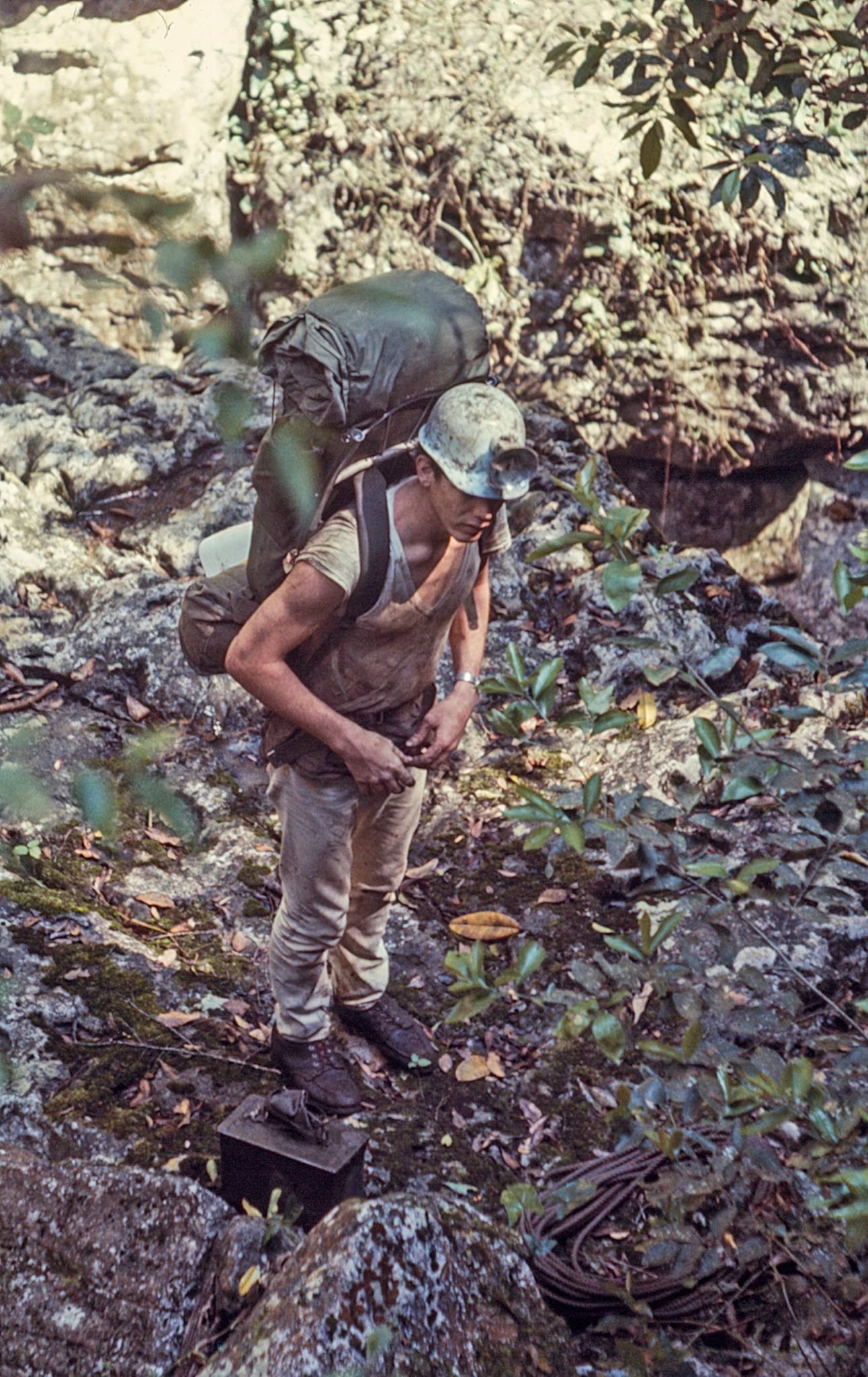 A 1966 photo of David entering Sotano de la Tinaja near Ciudad Valles, Mexico. James Jasek photo.